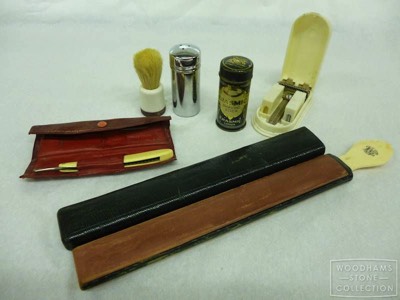  Shaving. Our collection includes everything an Edwardian gentleman would need. A cut-throat razor with strop for keeping it sharp. A shaving brush and soap stick. We also have an early safety razor in a case with space for razor blades! 