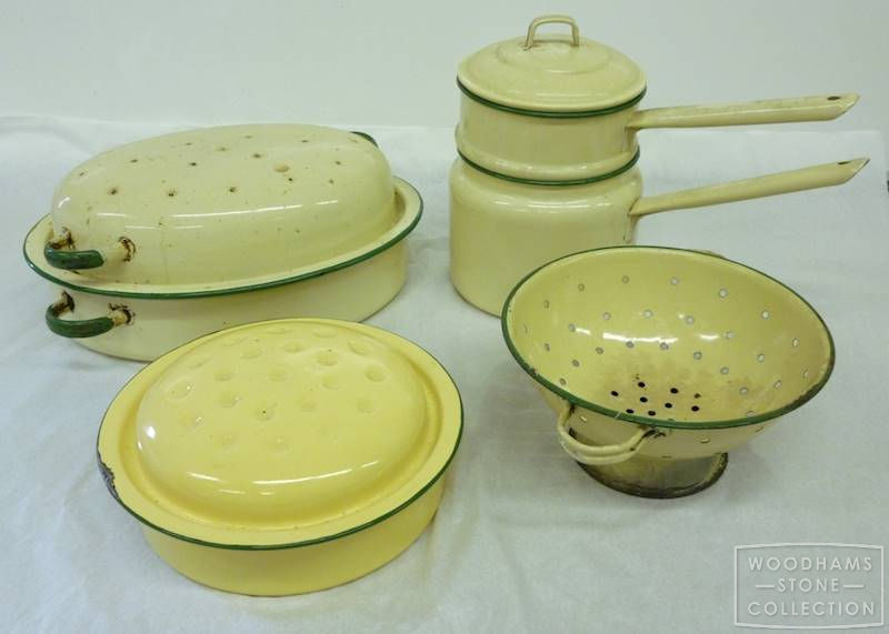  Enamel Kitchenware. Until late-Victorian times cooking was generally in earthenware pots or cast iron pans. Processes for covering metal with enamel were developed and in later times such utensils became affordable. Our examples are probably 20th century. 