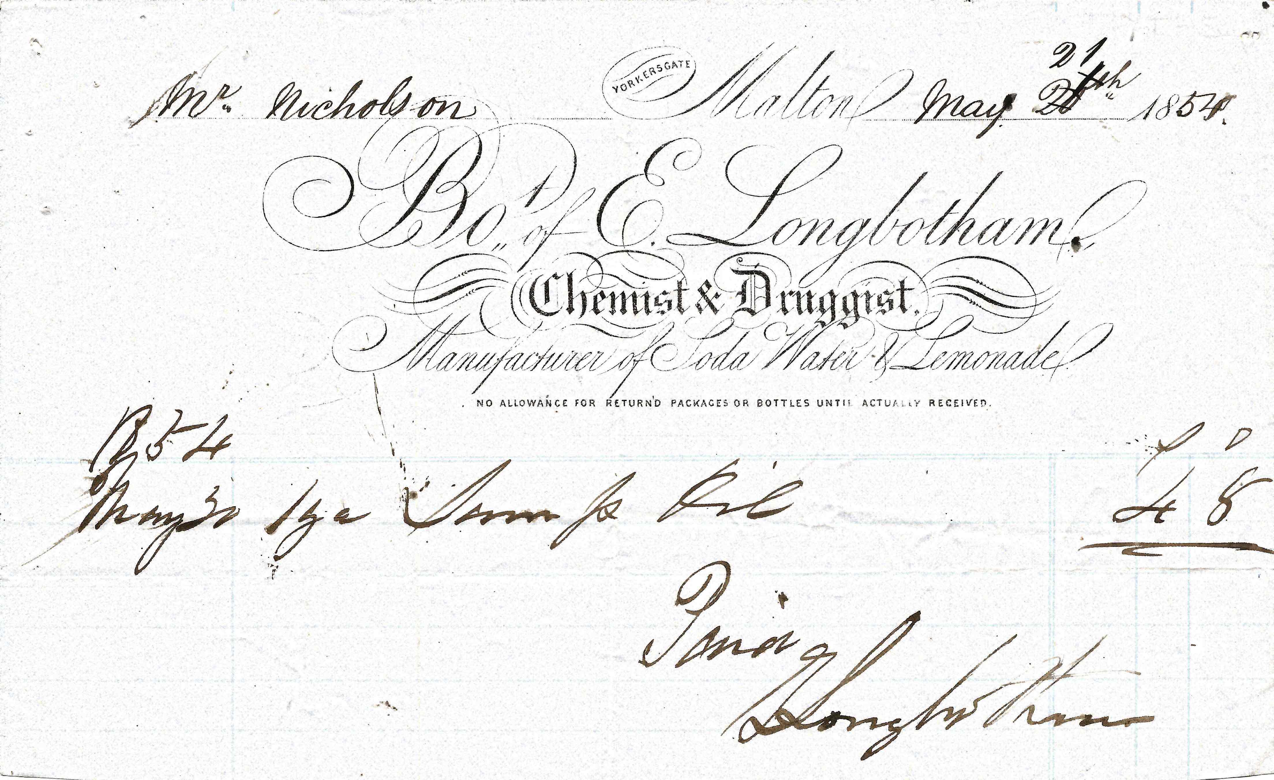 Edward Longbotham, chemist & druggist, receipt