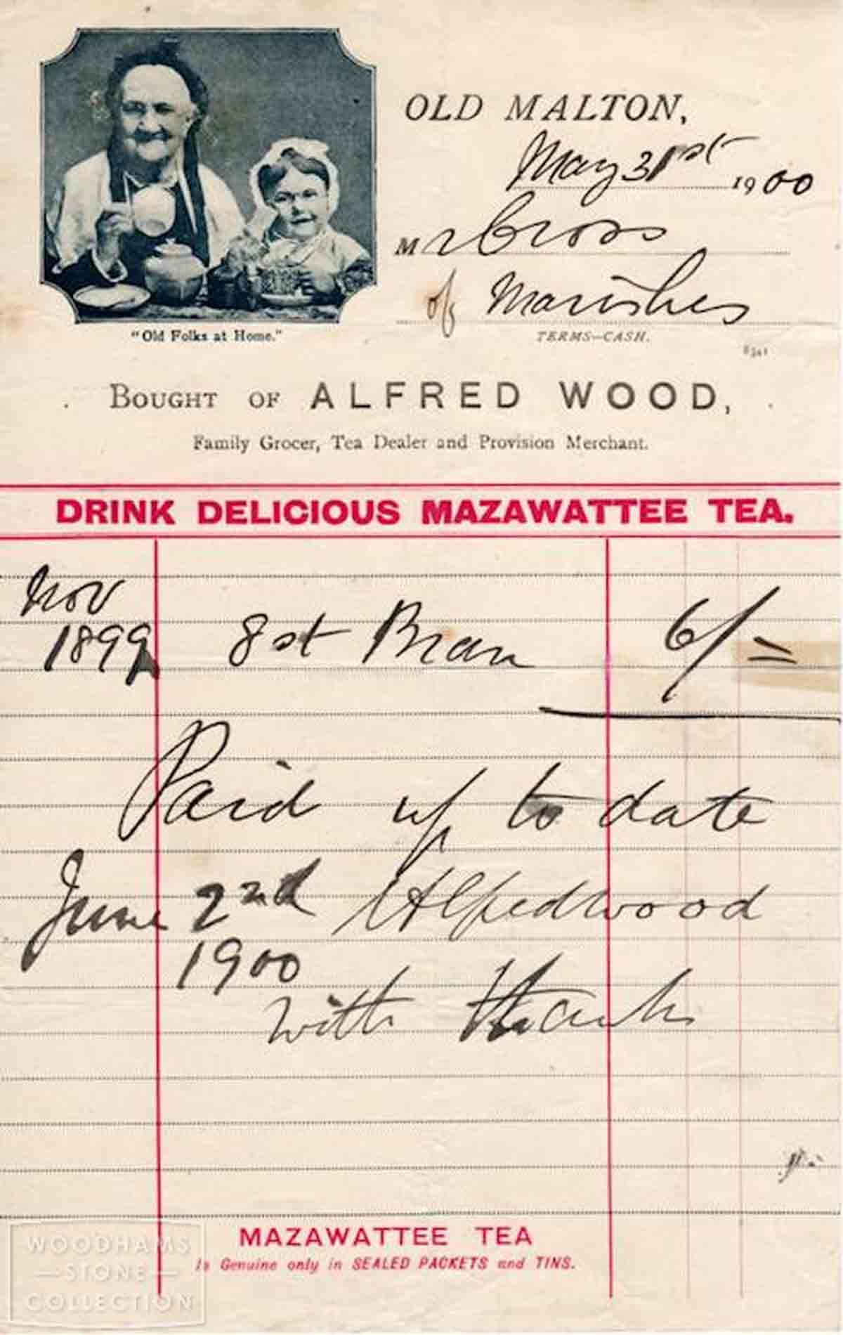 Alfred Wood, grocer, receipt 1900