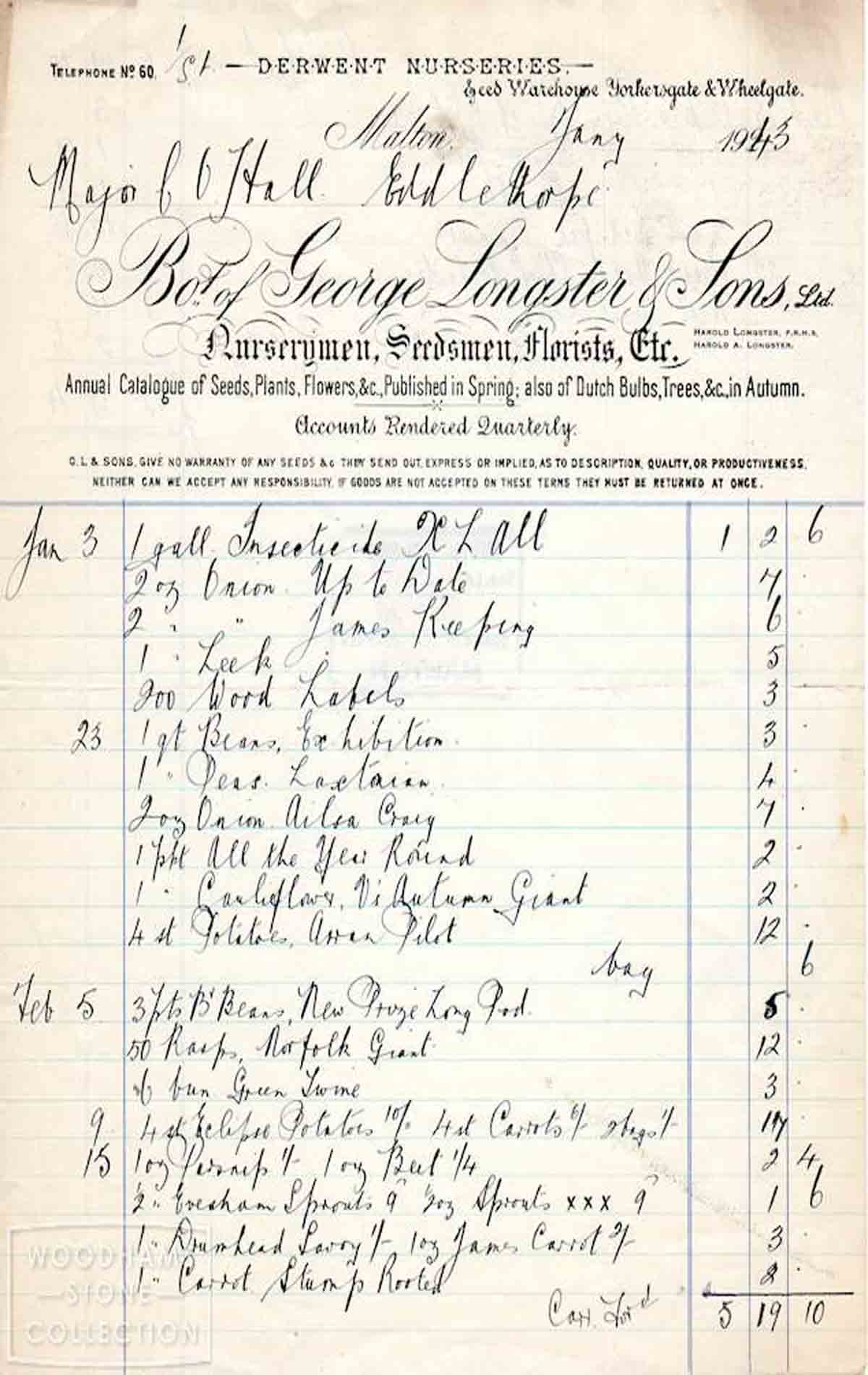 G. Longster, florist etc, invoice, 1943