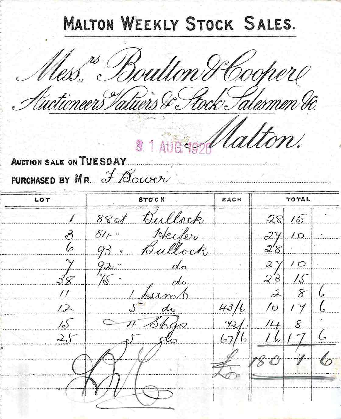 Boulton & Cooper, auctioneers, invoice 1926