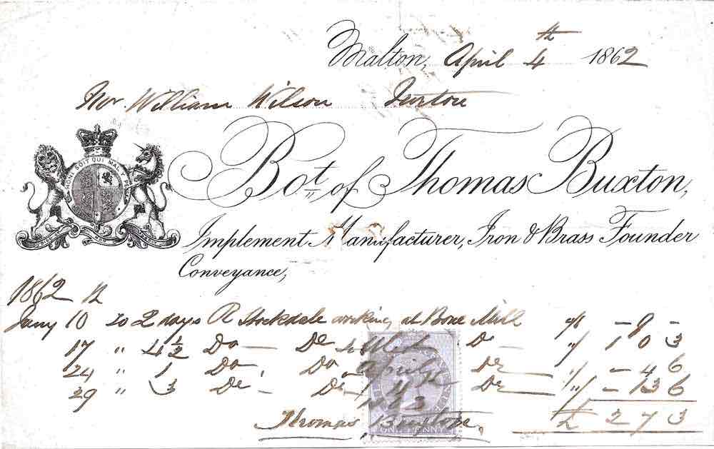 Thomas Buxton, iron founder, receipt 1862