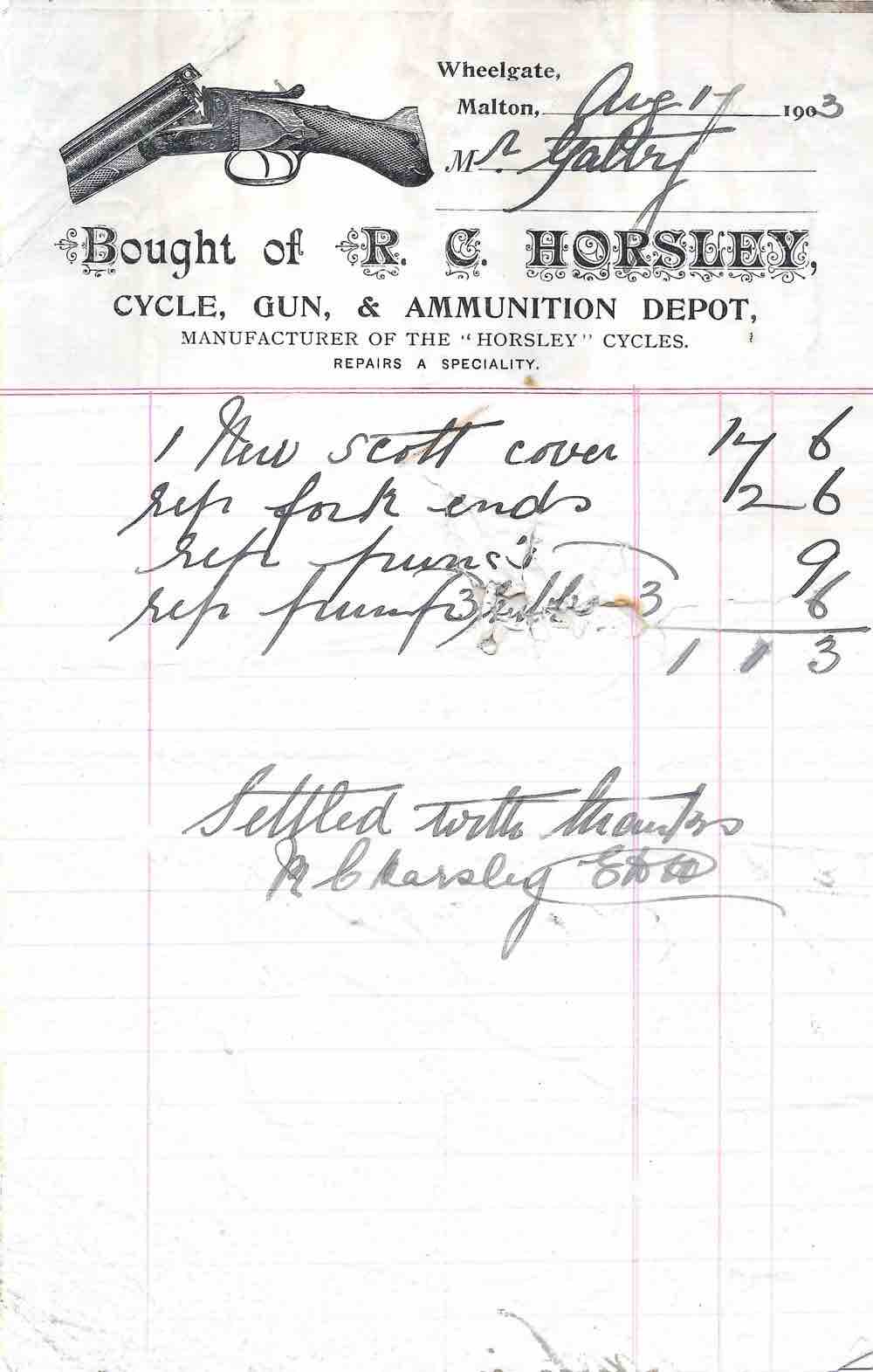 Richard Horsley, cycle dealer etc, invoice 1903